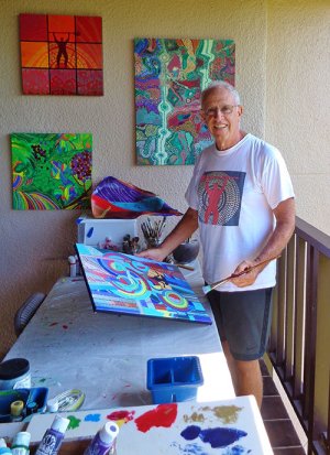 Vibrant Aboriginal-inspired dot painting by Frank Oliva featuring intricate patterns and storytelling elements, showcasing his deep appreciation for Indigenous Australian art traditions and masterful use of color